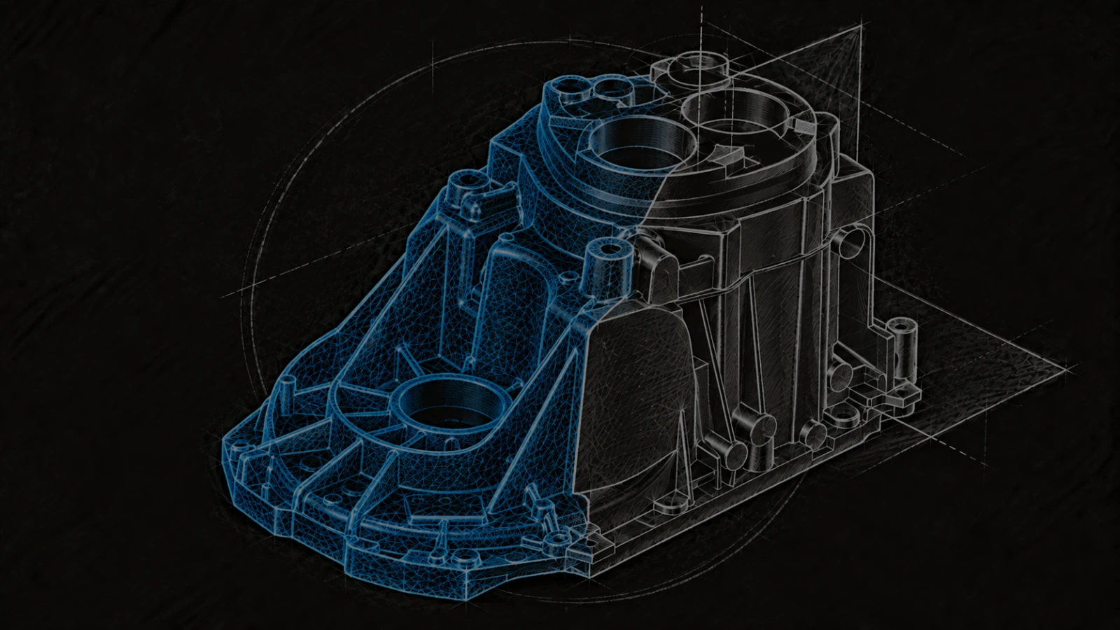 Korpus techniczny przedstawiony częściowo jako siatka trójkątów ze skanowania 3D, a częściowo jako zrekonstruowany model CAD.